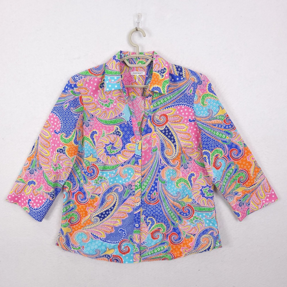 Foxcroft Paisley Button Up Shirt Womens 14 Floral 3/4 Sleeve Cotton Blouse